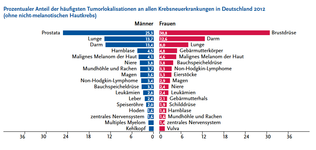 Anteil häufiger Krebsneuerkrankungen bei Männern und Frauen Balkendiagramm zu den häufigsten Krebsneuerkrankungen in Deutschland 2012; das maligne Melanom macht 4,1 Prozent bei Männern und 4,6 Prozent bei Frauen aus.